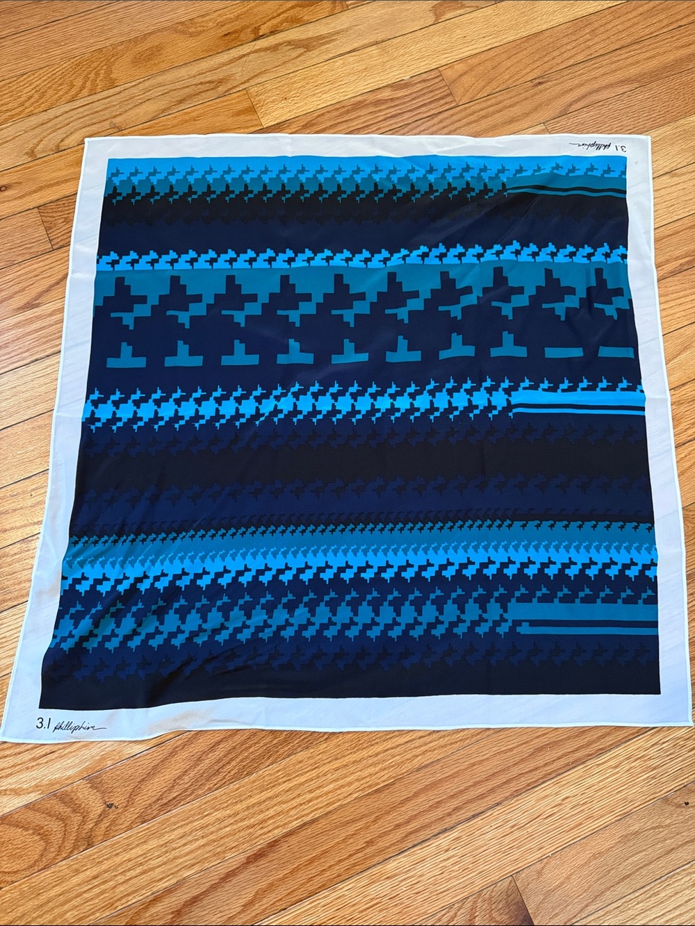 3.1 Phillip Lim Silk Square Scarf Blue Turquoise Geometric Print 25”